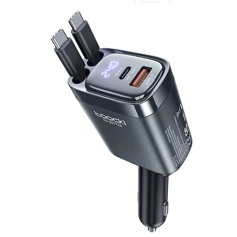 Toocki C42 105W 4-In-1 Digital Display Car Charger Adapter Come with 2 Type-C Integrated Cable+1USB-A+1USB-C PD Fast Charging with Blue LED Display for iPhone 16 16 Pro 15 Pro Max for HUAWEI for SAMSUNG — image 1