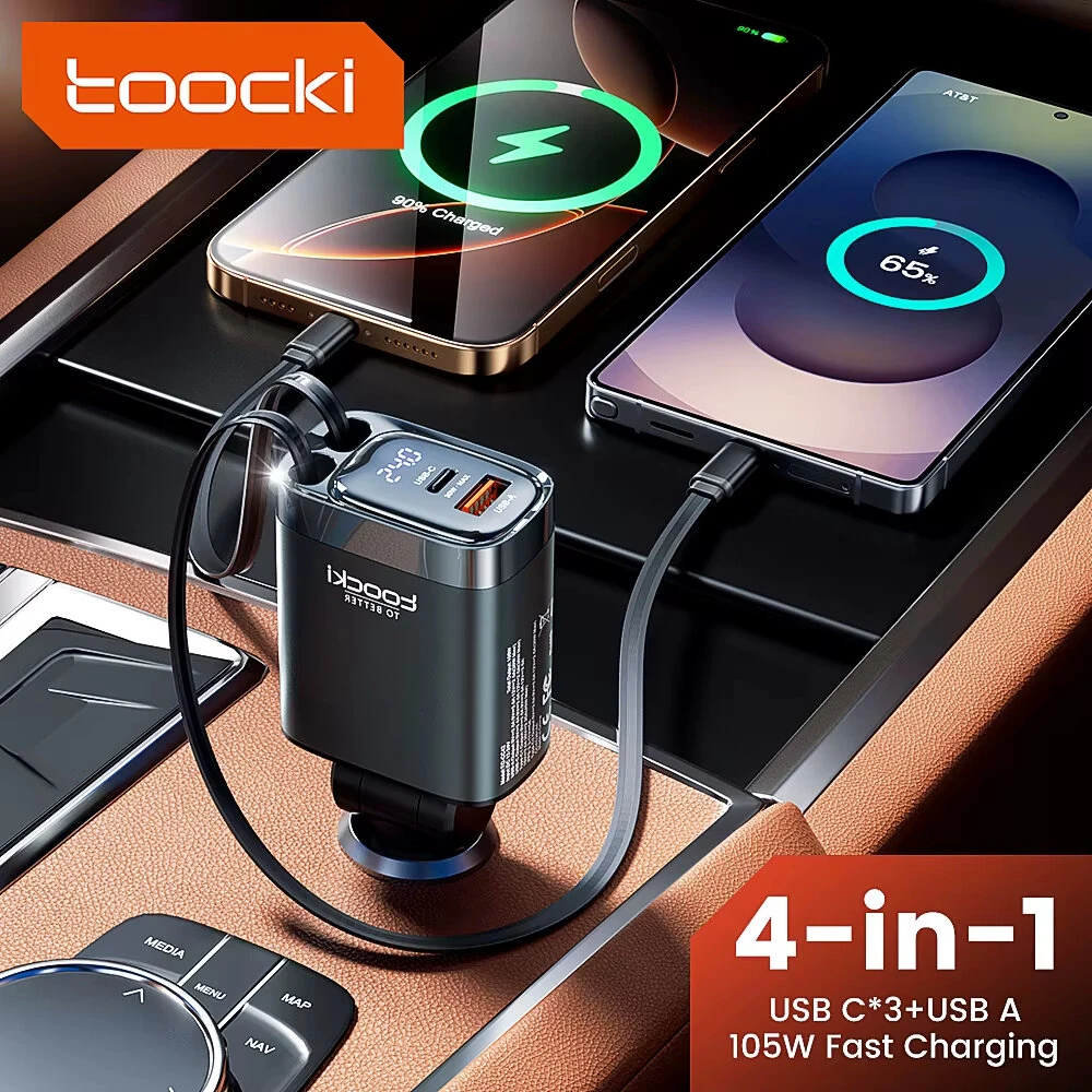 Toocki C42 105W 4-In-1 Digital Display Car Charger Adapter Come with 2 Type-C Integrated Cable+1USB-A+1USB-C PD Fast Charging with Blue LED Display for iPhone 16 16 Pro 15 Pro Max for HUAWEI for SAMSUNG — view 2