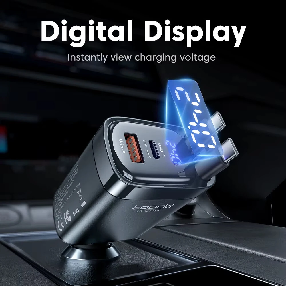 Toocki C42 105W 4-In-1 Digital Display Car Charger Adapter Come with 2 Type-C Integrated Cable+1USB-A+1USB-C PD Fast Charging with Blue LED Display for iPhone 16 16 Pro 15 Pro Max for HUAWEI for SAMSUNG — view 4