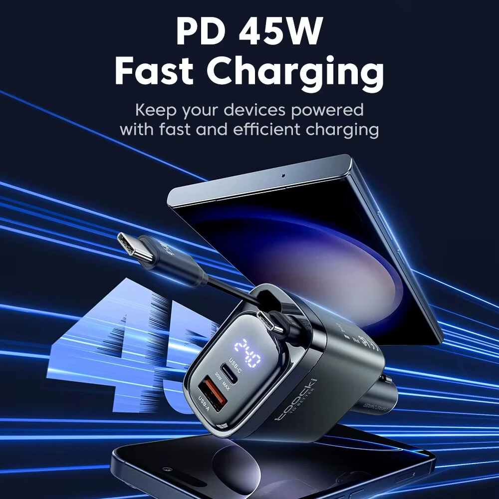 Toocki C42 105W 4-In-1 Digital Display Car Charger Adapter Come with 2 Type-C Integrated Cable+1USB-A+1USB-C PD Fast Charging with Blue LED Display for iPhone 16 16 Pro 15 Pro Max for HUAWEI for SAMSUNG — view 5