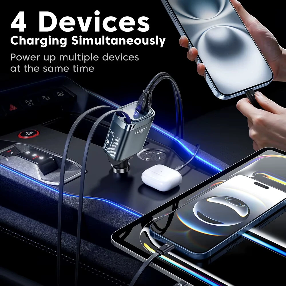 Toocki C42 105W 4-In-1 Digital Display Car Charger Adapter Come with 2 Type-C Integrated Cable+1USB-A+1USB-C PD Fast Charging with Blue LED Display for iPhone 16 16 Pro 15 Pro Max for HUAWEI for SAMSUNG — view 7