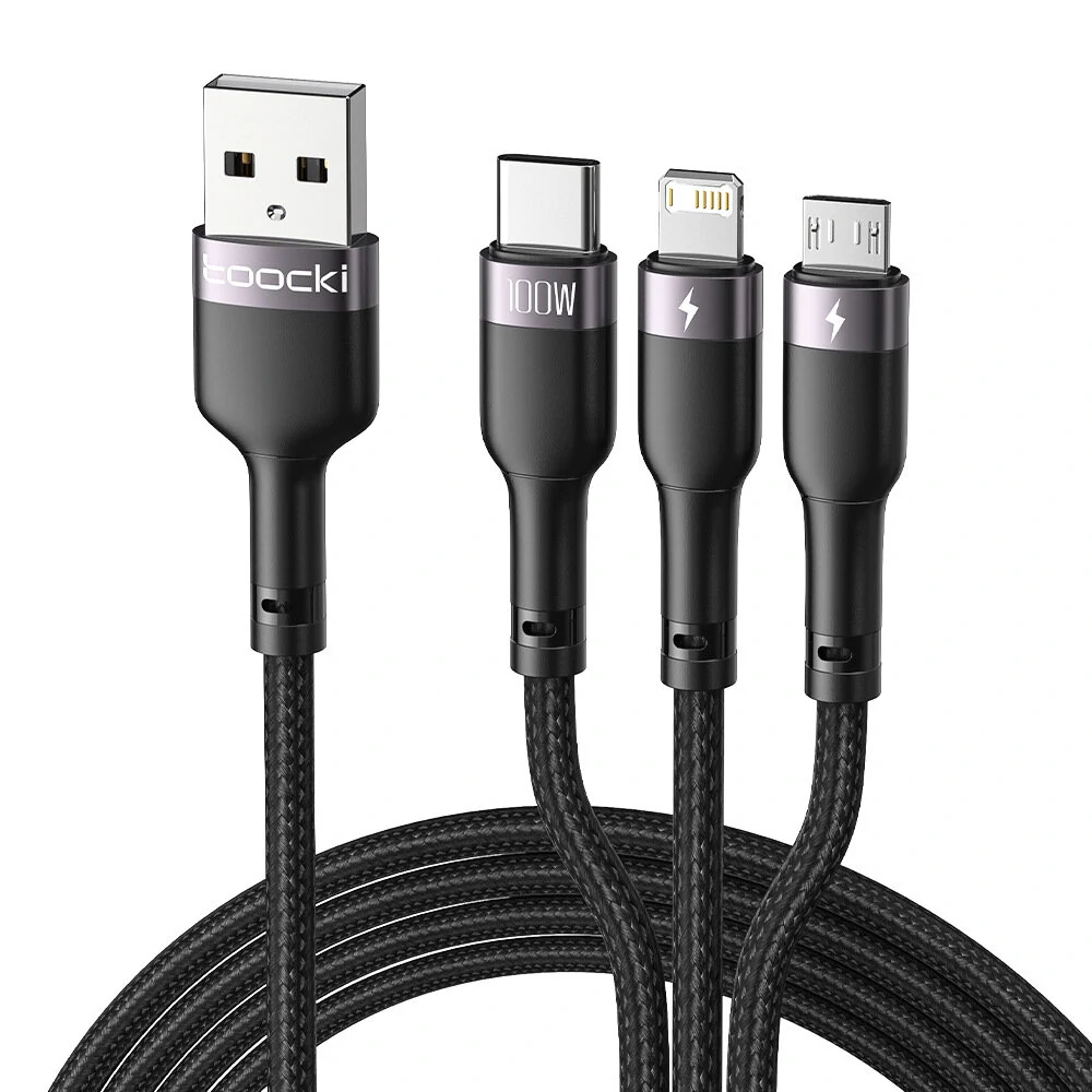 Toocki TQ-X61 6A 100W USB-A to iP/Micro/Type-C Cable Fast Charging Data Transmission Copper Core Line 1.2M Long for iPhone 15/15 Plus 14 13 for Huawei Mate60 Pro for Samsung Galaxy S23 for Xiaomi 13Pro