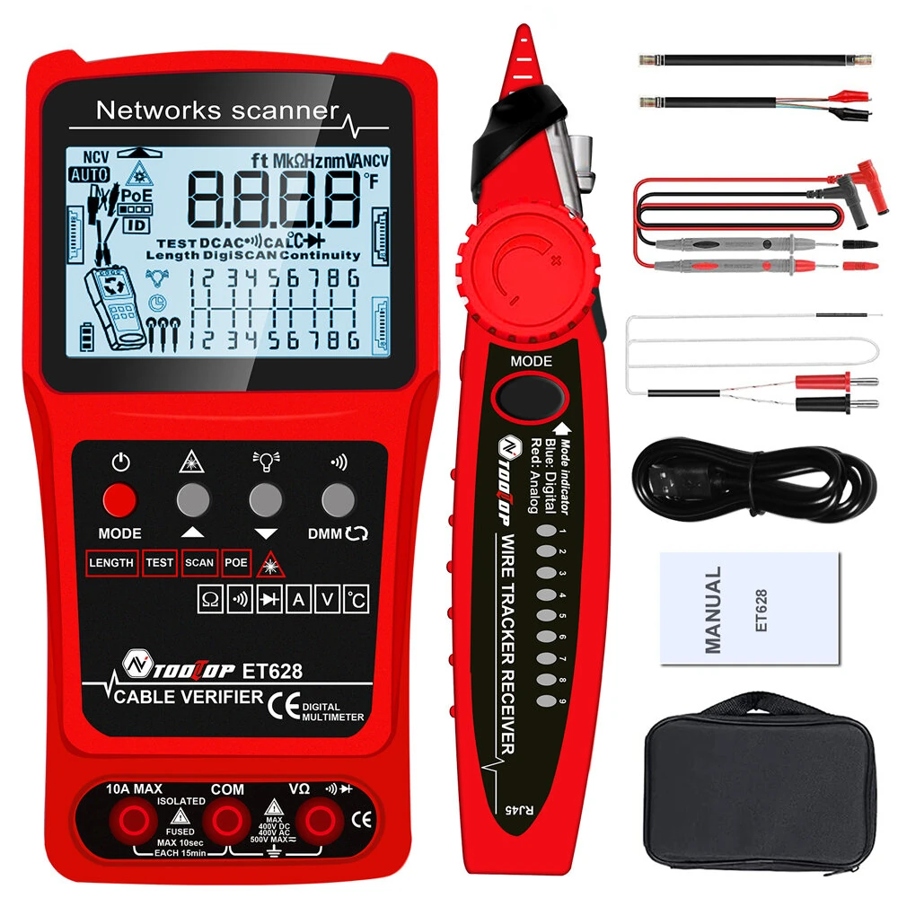 TOOLTOP 3 in 1 Network Cable Tester + Multimeter + Red Light Pen 600M Network Cable Length Measure AC DC Current Voltage Measurement Anti-noise Line Tracker With Bag