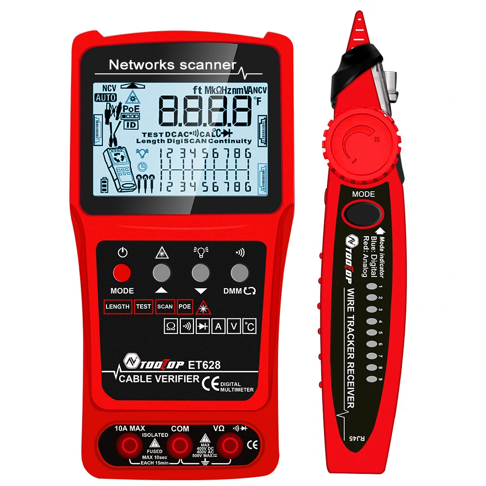 TOOLTOP 3 in 1 Network Cable Tester + Multimeter + Red Light Pen 600M Network Cable Length Measure AC DC Current Voltage Measurement Anti-noise Line Tracker With Bag — view 5