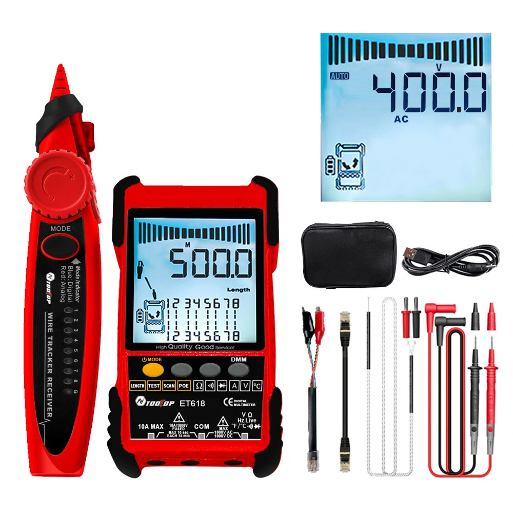 TOOLTOP Large LCD Screen Network Cable Tester + Multimeter 2 in 1 400M/500M Network Cable Length Measure AC DC Current Voltage Measurement Anti-noise Line Tracker ET616 ET618