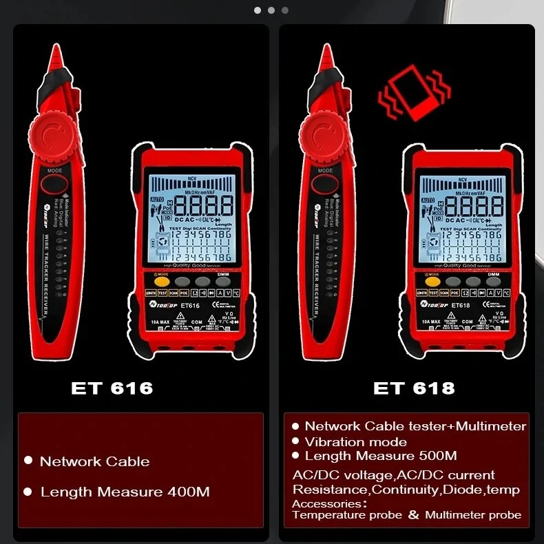 TOOLTOP Large LCD Screen Network Cable Tester + Multimeter 2 in 1 400M/500M Network Cable Length Measure AC DC Current Voltage Measurement Anti-noise Line Tracker ET616 ET618 — view 4