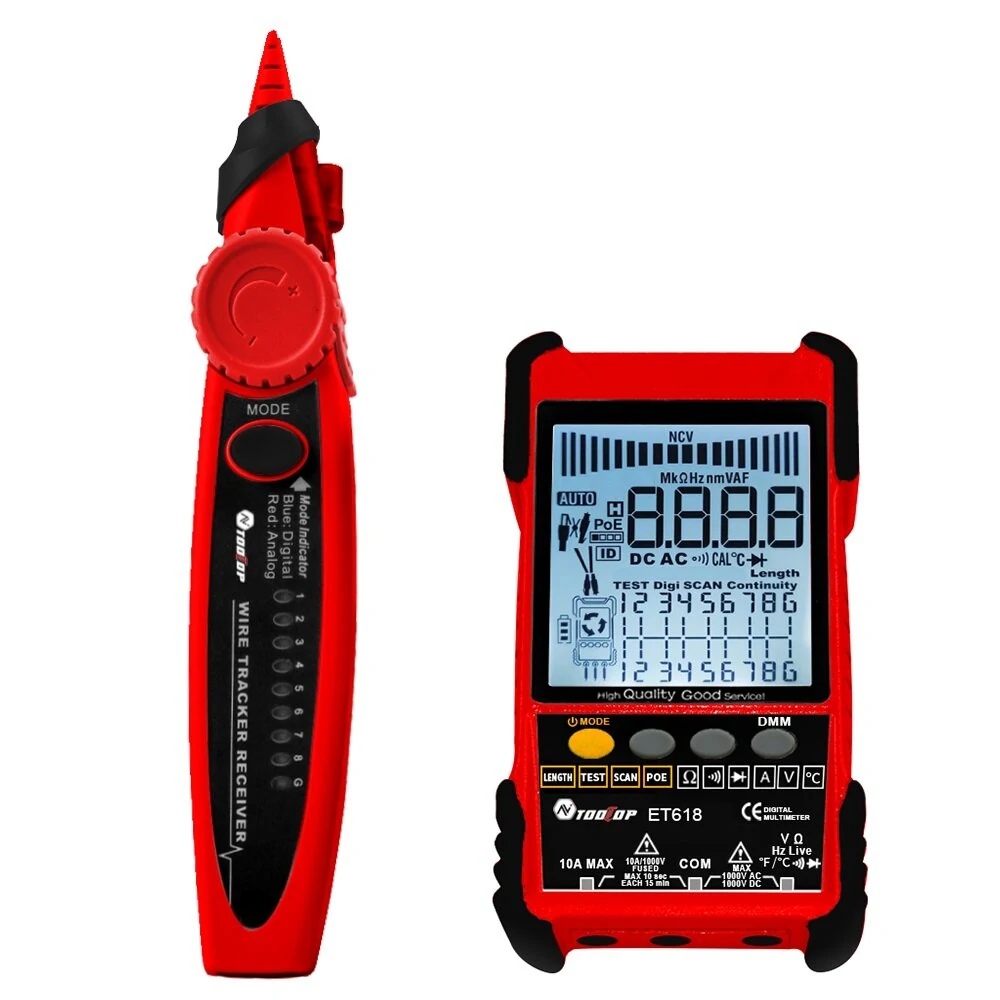 TOOLTOP Large LCD Screen Network Cable Tester + Multimeter 2 in 1 400M/500M Network Cable Length Measure AC DC Current Voltage Measurement Anti-noise Line Tracker ET616 ET618 — view 5