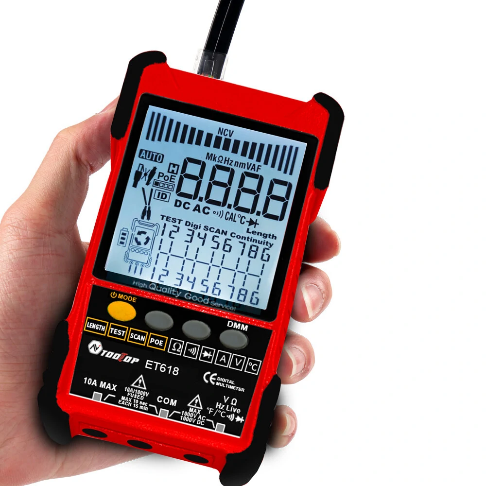 TOOLTOP Large LCD Screen Network Cable Tester + Multimeter 2 in 1 400M/500M Network Cable Length Measure AC DC Current Voltage Measurement Anti-noise Line Tracker ET616 ET618 — view 6