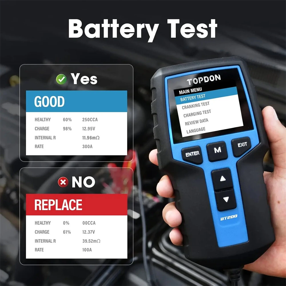 TOPDON BT200 / BT100 Battery Tester Charging Cranking Test Tools for Car 24V/12V Car Diagnostic Battery Monitor 100-2000CCA — view 2