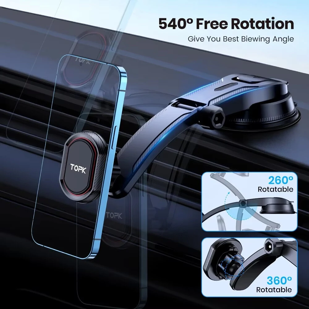 TOPK D37 Magnetic Car Phone Holder 2 in 1 Handsfree Stand Phone Mount for Dashboard / Air Vent for iPhone/Samsung Android — view 3