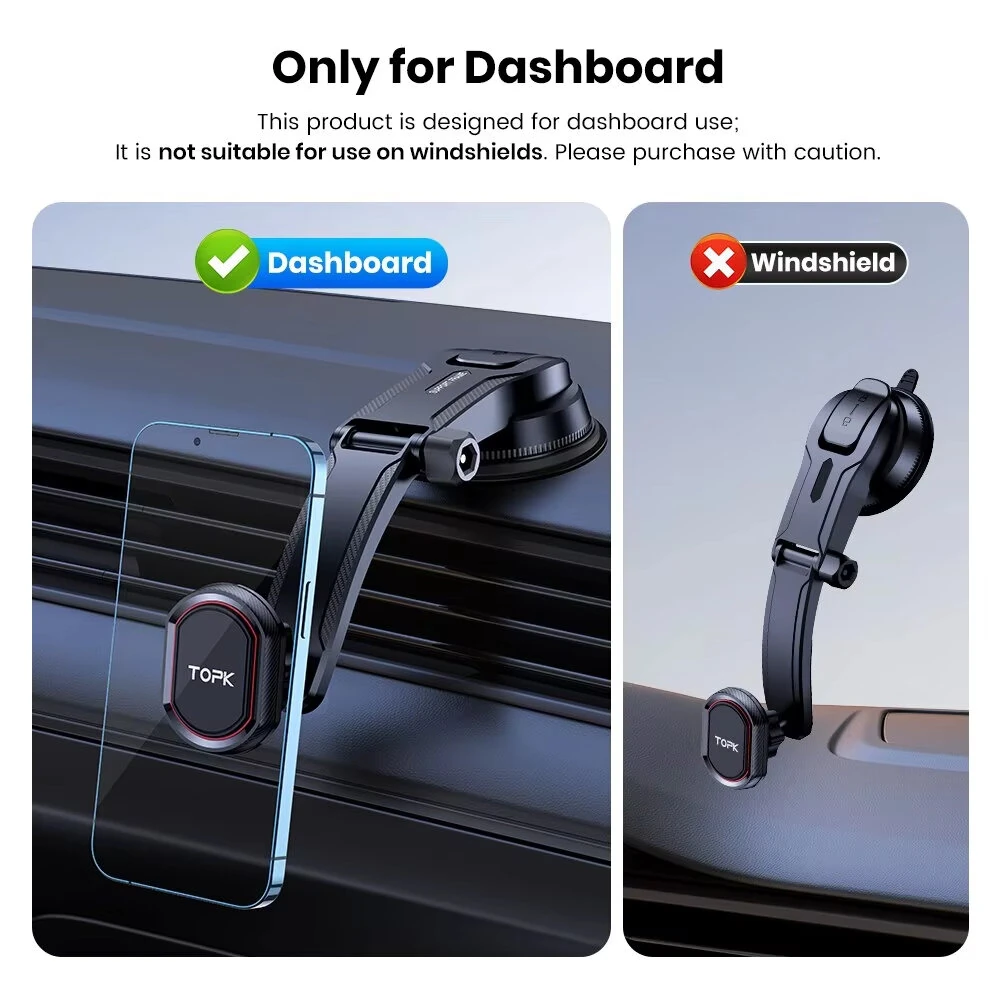 TOPK D37 Magnetic Car Phone Holder 2 in 1 Handsfree Stand Phone Mount for Dashboard / Air Vent for iPhone/Samsung Android — view 4