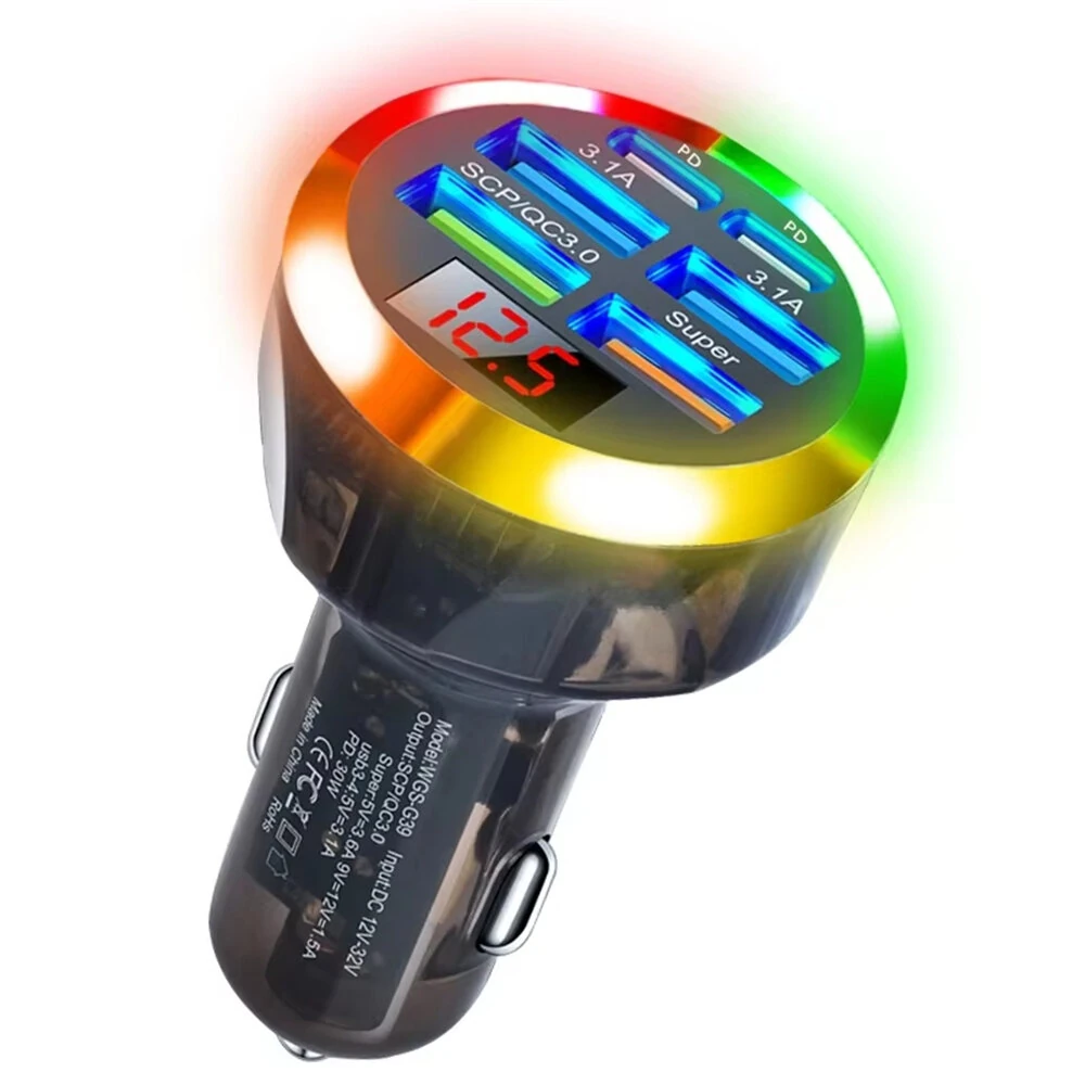 Transparent Car Charger 200W 6 Port USB QC3.0 PD Super Fast Charging Voltage Display LED Light for iOS Galaxy Devices 12V 24V — Pricio