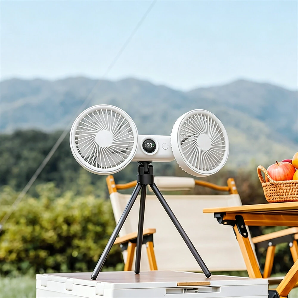 Tripod Fan Dual Head 120° Tilt 180° Body Rotation 3 Speed Adjustment Low Noise LED Display Portable Cooling Tool — view 4