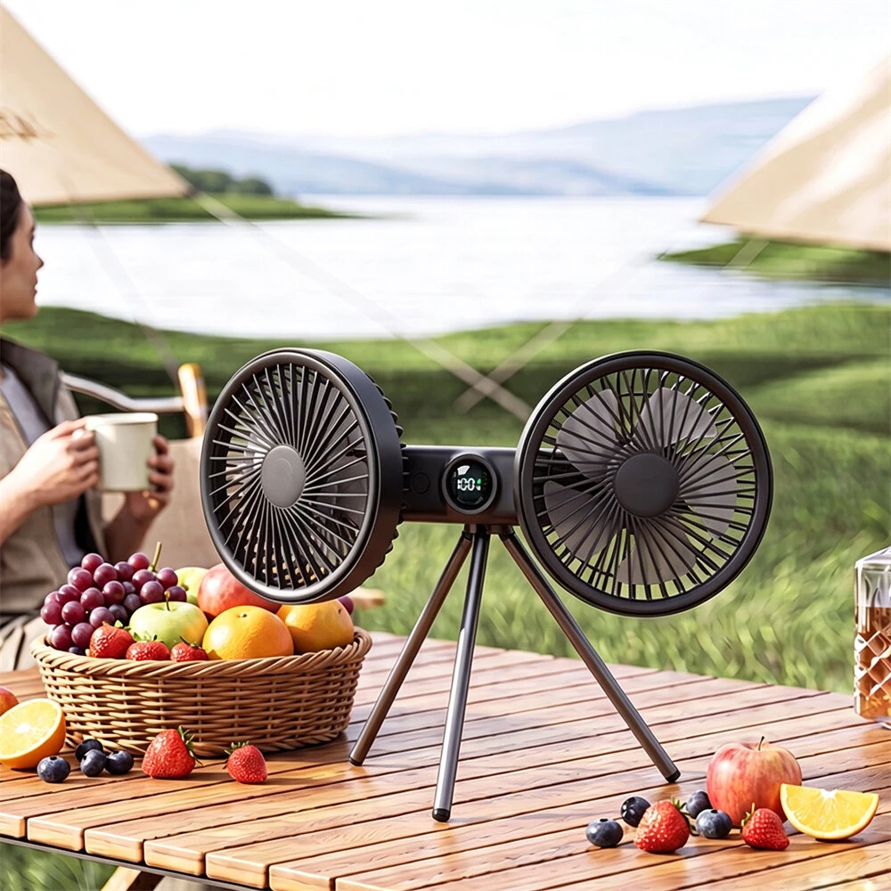 Tripod Fan Dual Head 120° Tilt 180° Body Rotation 3 Speed Adjustment Low Noise LED Display Portable Cooling Tool — view 5