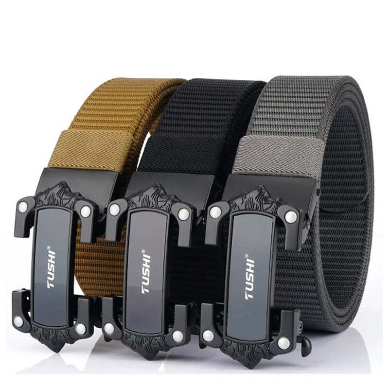 TUSHI Strong metal Automatic Buckle Black Belt Wear-resistant Tough 125cm Nylon Belts For Men Breathable Canvas Designer Belt Training