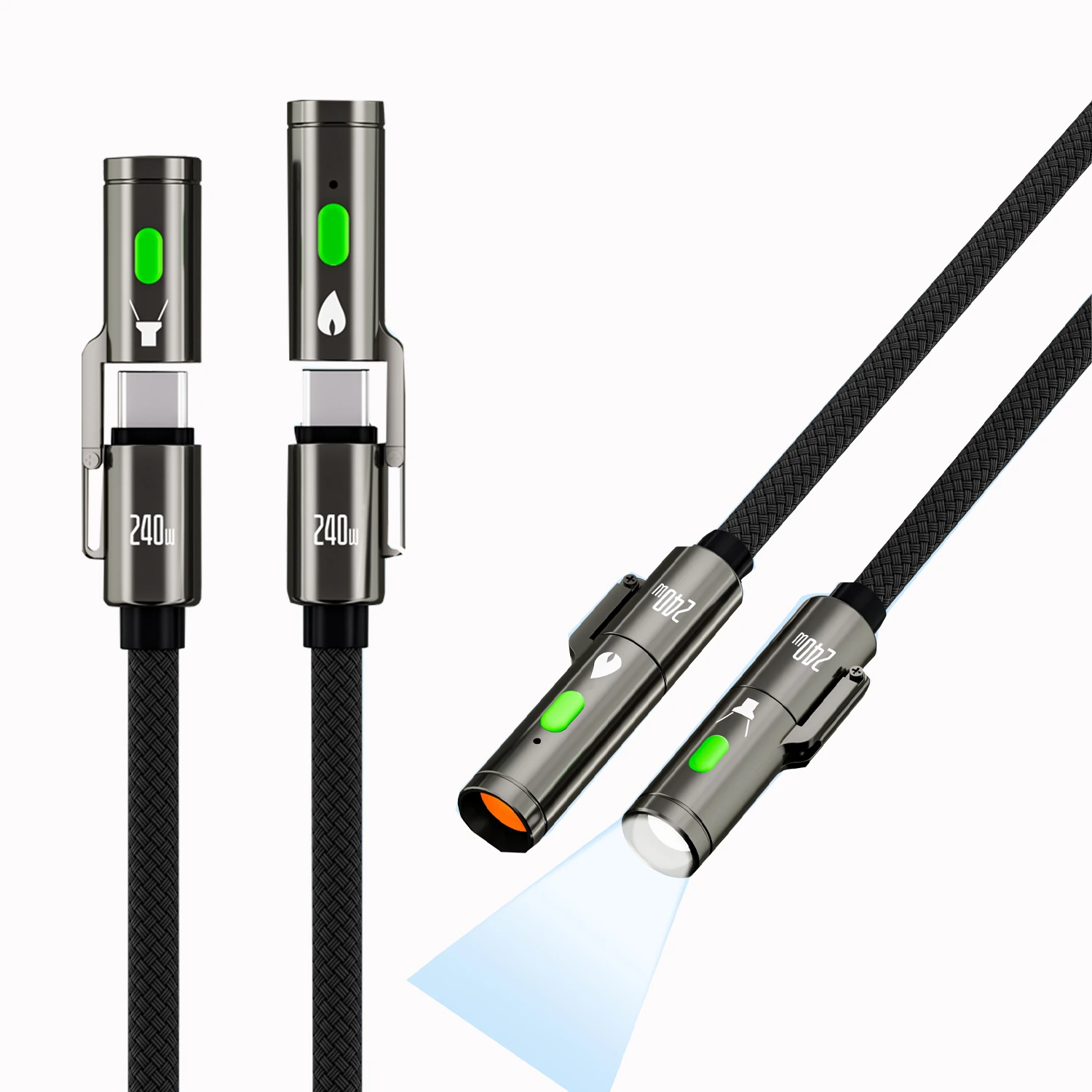 TUTI PD240W USB C to C Fast Charging Cable with Lighting Cigarete Lighter Function 480Mbps Data Transfer Built-in Flashlight Zinc Alloy Nylon Braided Cables — view 8