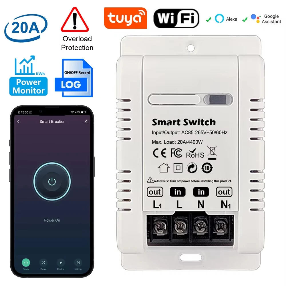 Tuya 20A WiFi Smart Switch Circuit Breaker APP Control Power Monitor Overload Protection Works with Alexa Google Home Siri — view 2