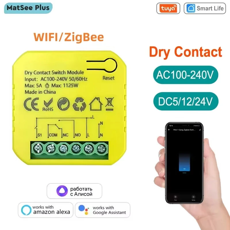 Tuya 5A Smart ZigBe WiFi Dry Contact Switch Relay App Remote Control Timing DC12/24V AC100-240V Supports Google Home Alexa — view 2
