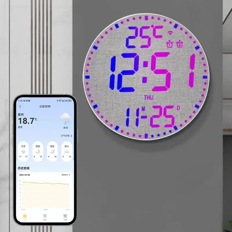 Tuya APP Smart Wifi Wall Clock RGB Calendar Clock Living Room Digital Wall Clock App Intelligent Control Colorful LED Wall Calendar Clock Date Temperature Display — Tuya