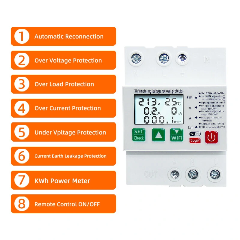 Tuya Smart Leakage Circuit Breaker WIFI Energy Meter Kwh Metering Switch Timer with Voltage Current and Leakage Protection APP Control — view 5