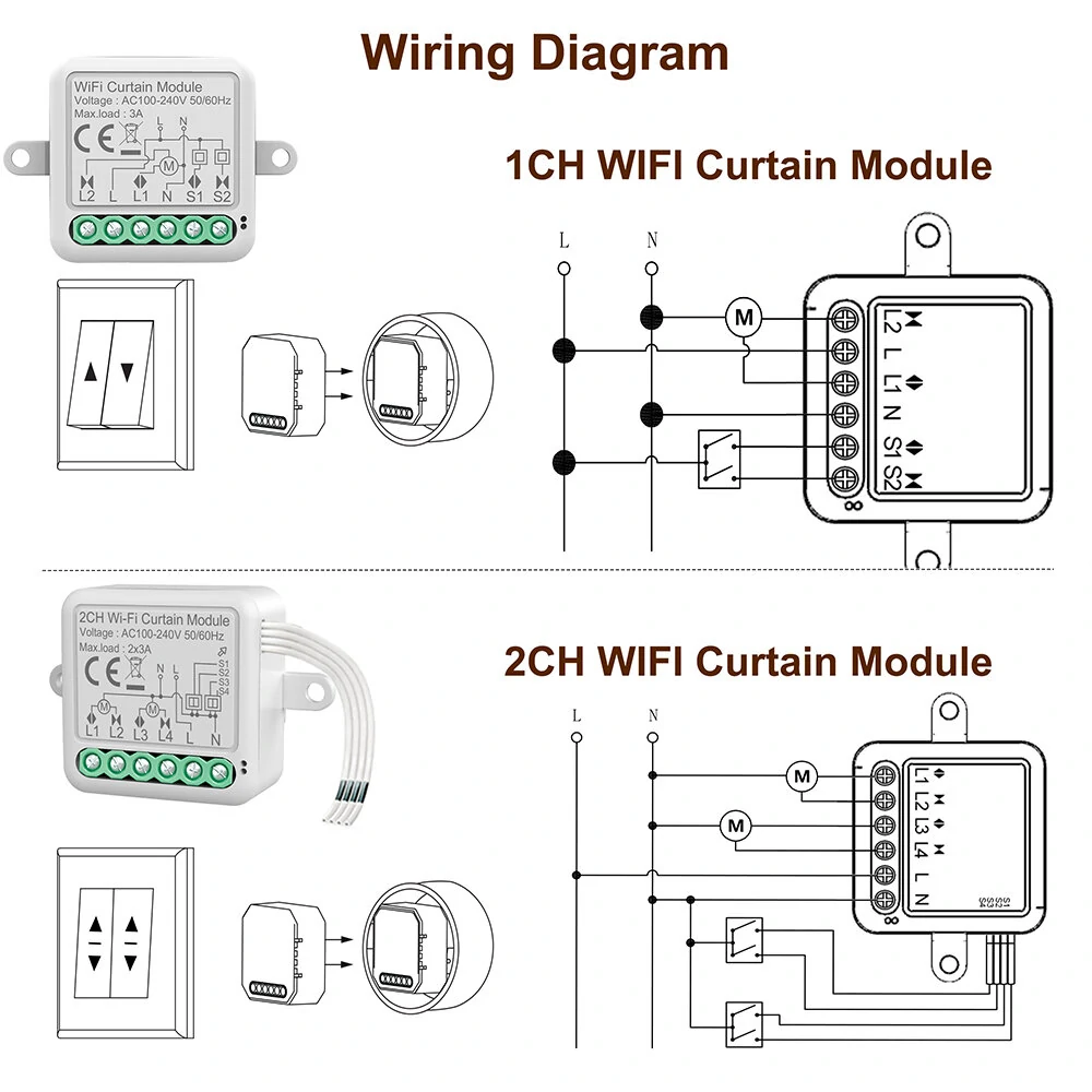 Tuya Smart Wifi Curtain Switch Module 3A Support 1/2 Gang Electric Motor for Roller Blinds Shutters APP Remote Control Compatible with Amazon Alexa & Google Home — view 2