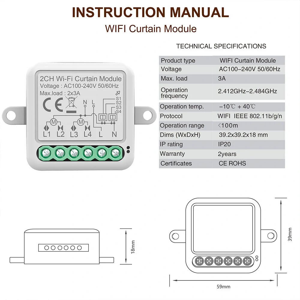Tuya Smart Wifi Curtain Switch Module 3A Support 1/2 Gang Electric Motor for Roller Blinds Shutters APP Remote Control Compatible with Amazon Alexa & Google Home — view 6
