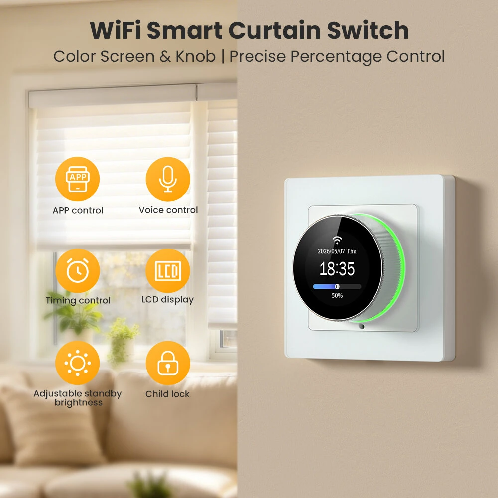 Tuya WiFi Curtain Knob Switch with Color Screen Display RGB Ambient Light Ring Timer Schedule Scene Linkage Child Lock Brightness Adjustable Voice Control with Alexa Google Assistant CS20R-EU-W — view 2