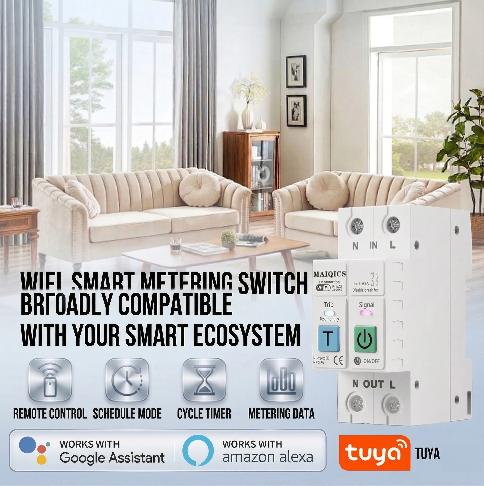 Tuya WiFi Smart Metering Switch 2P 1-63A Intelligent Circuit Breaker Power Metering Scheoule Mode Cycle Timer Metring Data APP Remote Control Voice Control with Alexa Google Home — view 6