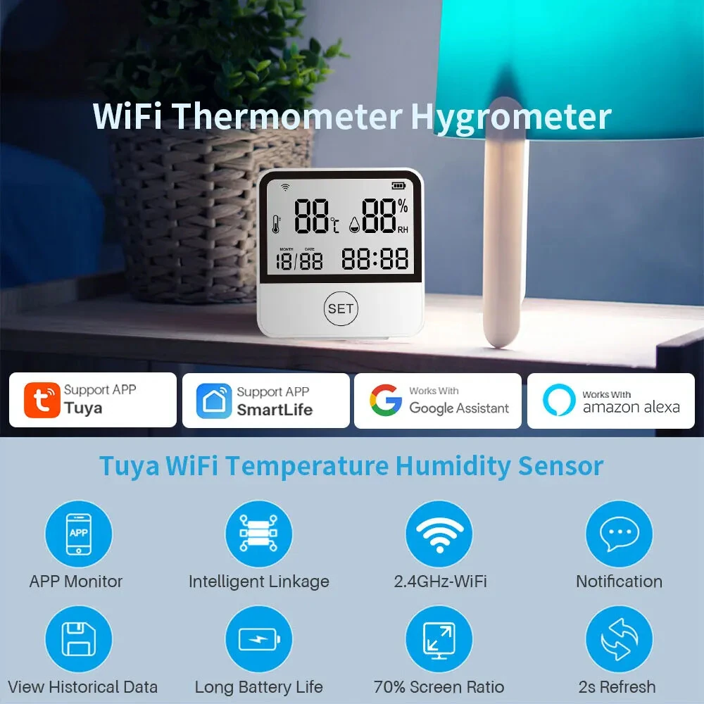Tuya WiFi Smart Temperature and Humidity Sensor Thermometer Hygrometer Indoor with LED Screen Display Support Alexa Google Home — view 2