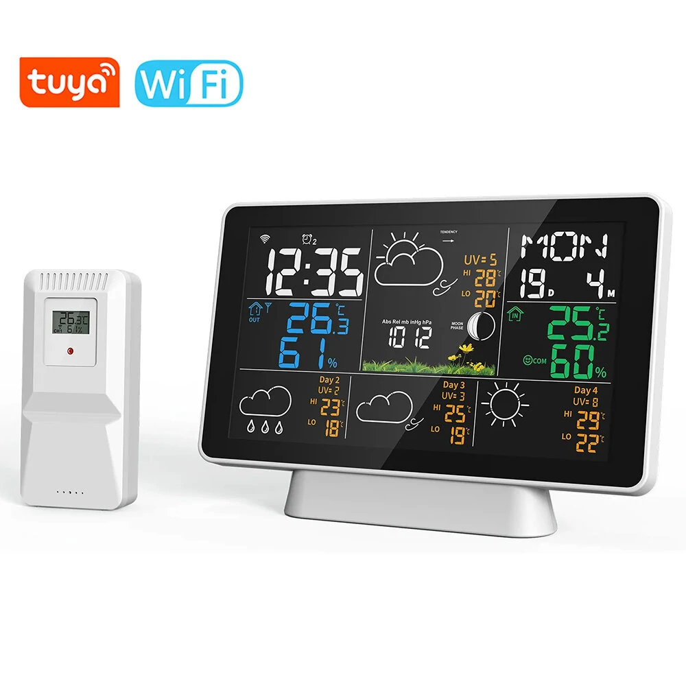Tuya Wifi Wireless Weather Station Alarm Clock With 7.5 Inch Display / Atomic Clock / Weather Forecast / Outdoor Thermometer / Air Pressure / Moon Phase — Tuya