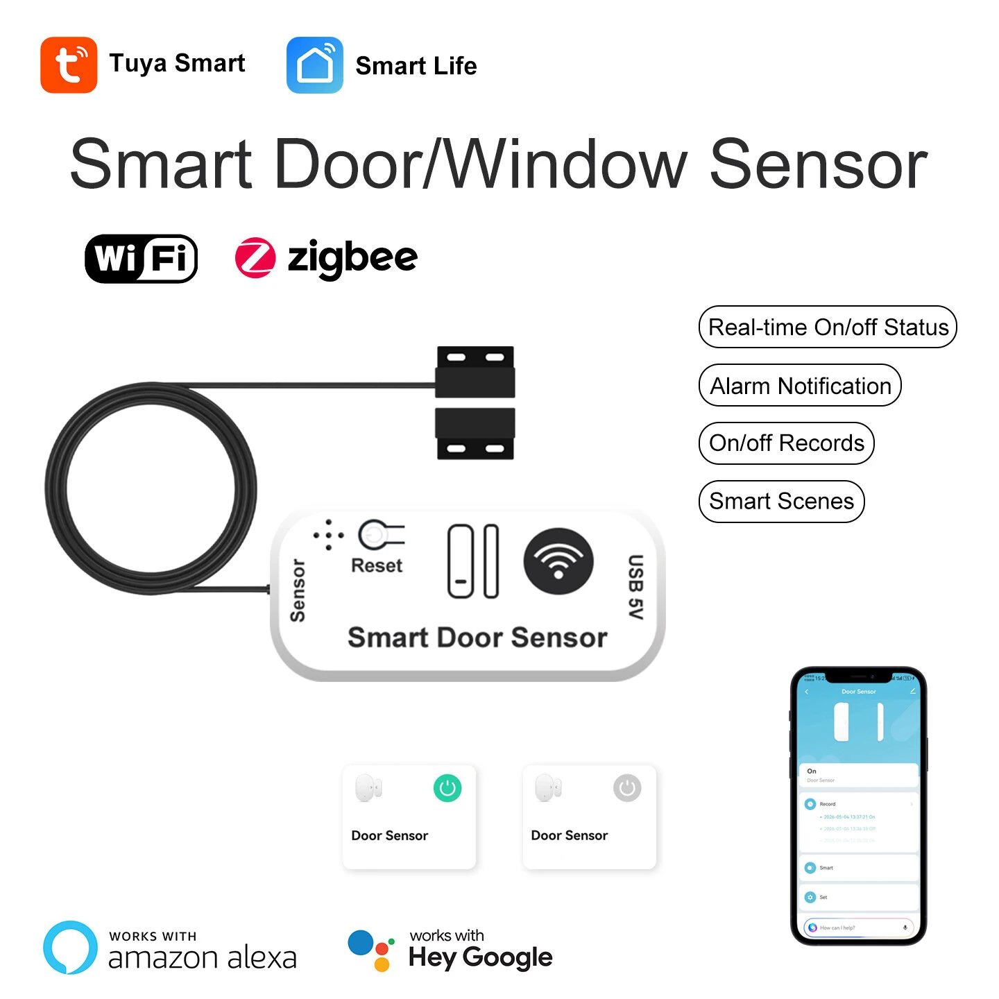 Tuya WiFi/Zigbee Smart Door Window Sensor with 5 Meter Wired Real Time Status Alert Remote Monitor Voice Control USB Powered with Alexa Google Home — view 2