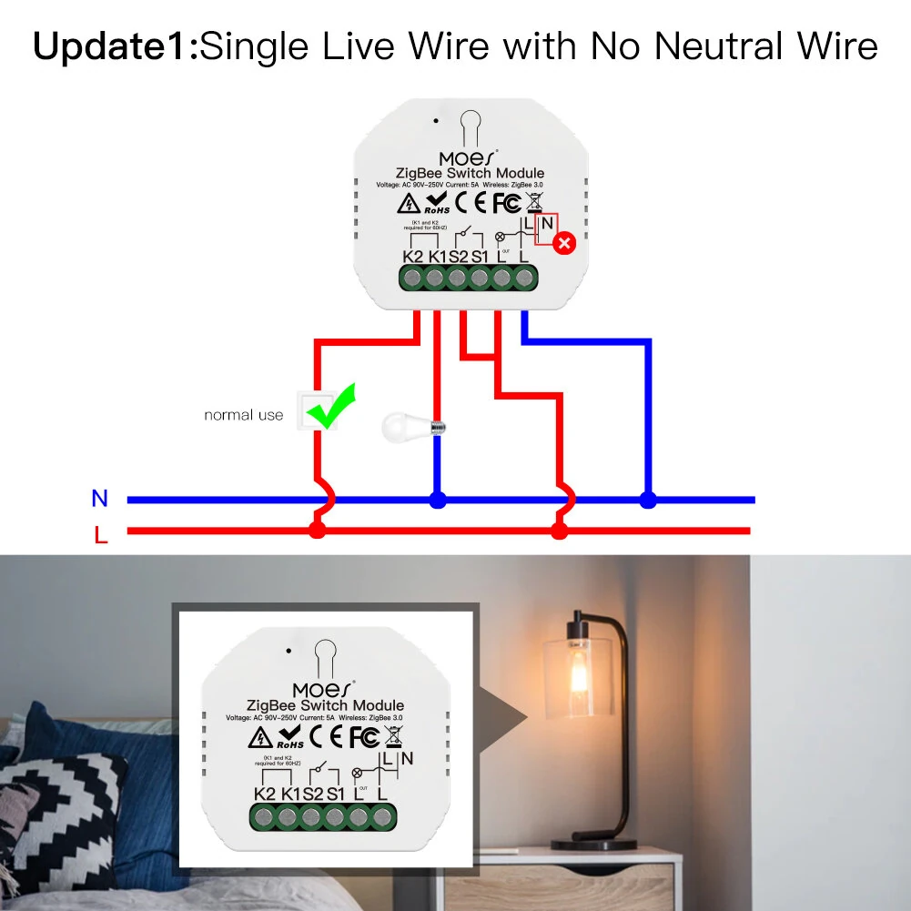 Tuya Zigbe 1-Way Switch Module 90-250V AC 5A Single Fire Wire Smart Light Switch Tuya App Remote Control Timer Schedule Works with Alexa Google Assistant Zigbe Hub Required — view 3