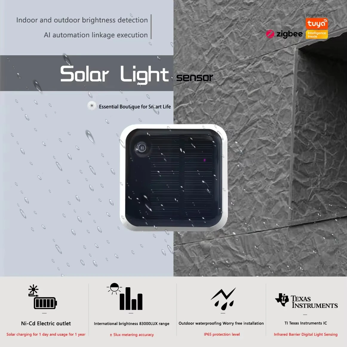 Tuya Zigbe Smart Solar Light Sensor Wireless IP65 Waterproof with Solar Power Support Smart Home Assistant — view 2