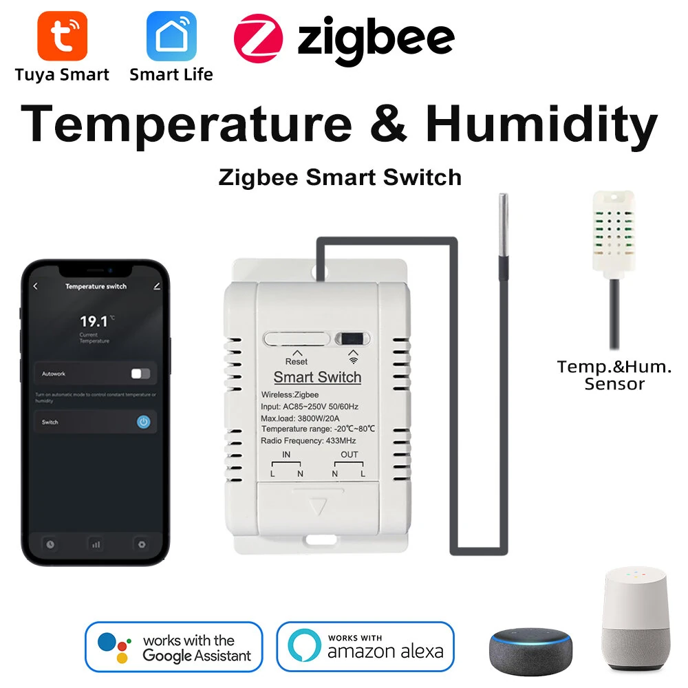 Tuya Zigbe Smart Temperature Humidity Switch Controller 20A 3800W with Waterproof Sensor Automation Timer APP Remote Voice Control with Alexa Google Home — view 2