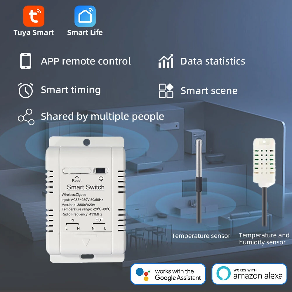 Tuya Zigbe Smart Temperature Humidity Switch Controller 20A 3800W with Waterproof Sensor Automation Timer APP Remote Voice Control with Alexa Google Home — view 3
