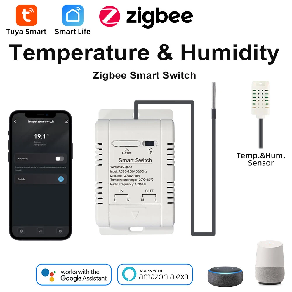 Tuya Zigbe Temperature Humidity Smart Switch 16A 3000W APP Remote Control Voice Control Timer & Schedule for Smart Life & Tuya Smart APP — view 2
