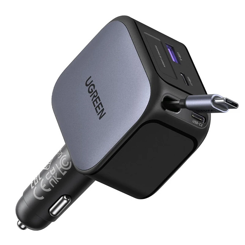 Ugreen 145W 4-Port USB PD Car Charger Adapter with Integrated USB-C Cable 2USB-C+USB-A QC3.0 PD 3.0 QC 3.0 PPS SCP Fast Charging for iPhone 16 16 Pro 15 14 13 Pro Max for Huawei Pura 80 Ultra for Samsung Galaxy Z Fold7 for XIAOMI — UGREEN