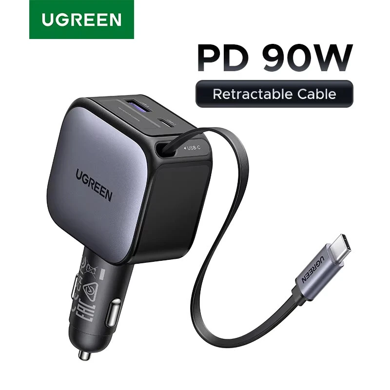 Ugreen 90W 2-Port USB PD Car Charger Adapter USB-A+USB-C+Type-C Retractable Cable Support PD Fast Charging for iPhone 17 17 Pro 16 Pro Max 15 14 13 for Huawei Mate XTs for OPPO for VIVO — view 2