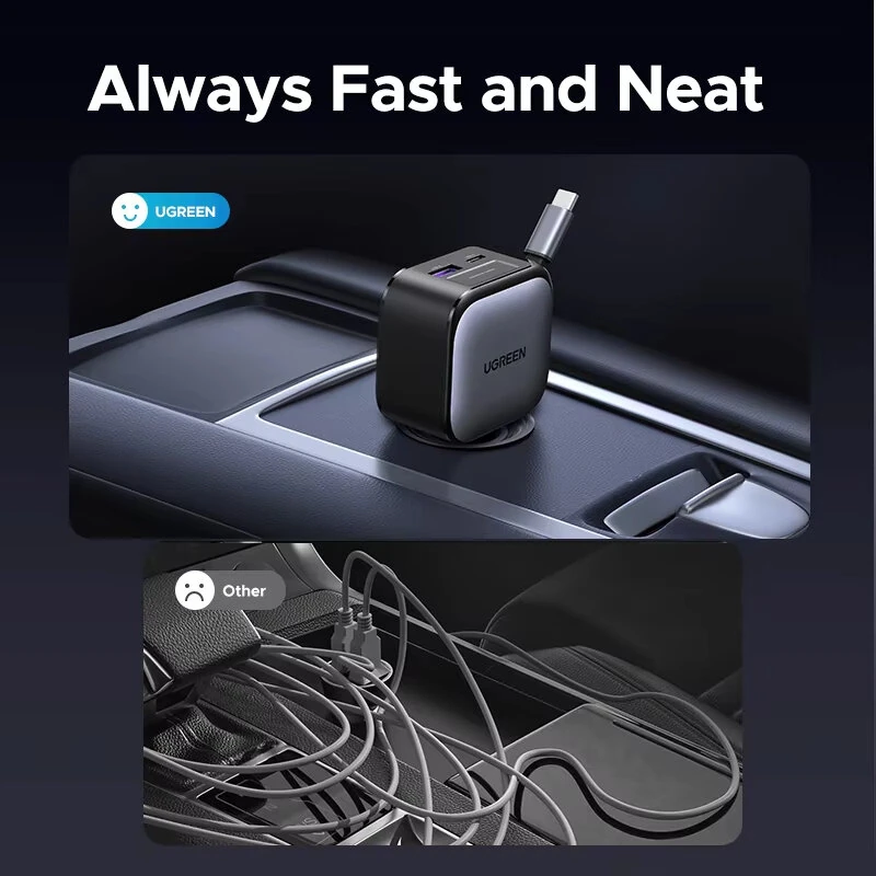 Ugreen 90W 2-Port USB PD Car Charger Adapter USB-A+USB-C+Type-C Retractable Cable Support PD Fast Charging for iPhone 17 17 Pro 16 Pro Max 15 14 13 for Huawei Mate XTs for OPPO for VIVO — view 3