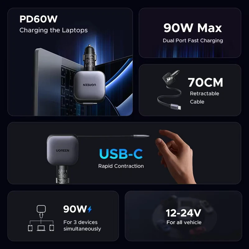 Ugreen 90W 2-Port USB PD Car Charger Adapter USB-A+USB-C+Type-C Retractable Cable Support PD Fast Charging for iPhone 17 17 Pro 16 Pro Max 15 14 13 for Huawei Mate XTs for OPPO for VIVO — view 5