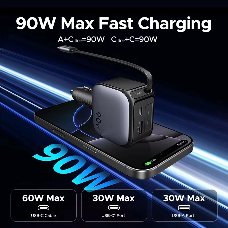 Ugreen 90W 2-Port USB PD Car Charger Adapter USB-A+USB-C+Type-C Retractable Cable Support PD Fast Charging for iPhone 17 17 Pro 16 Pro Max 15 14 13 for Huawei Mate XTs for OPPO for VIVO — view 6