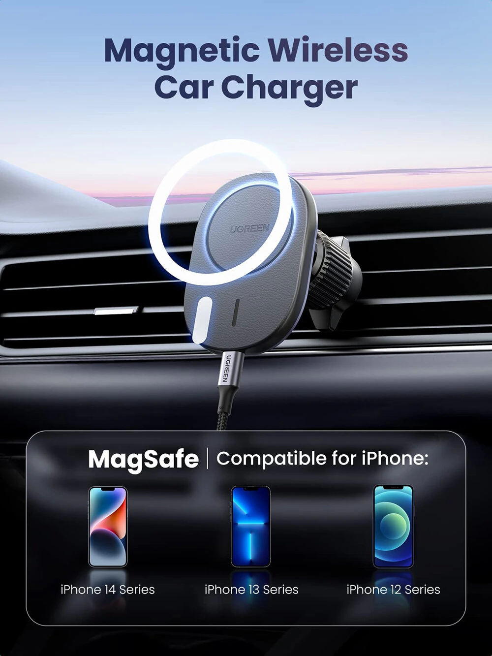 UGREEN Magnetic Cordless Car Phone Holder Charger Air Vent Suction Cup Navigation Bracket — view 2