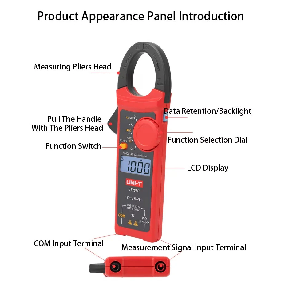 UNI-T UT206C AC Clamp Meter 1000A 600V True RMS 6000 Counts Auto Range VFD Low-Pass Filter Diode Continuity Capacitance Tester — view 6