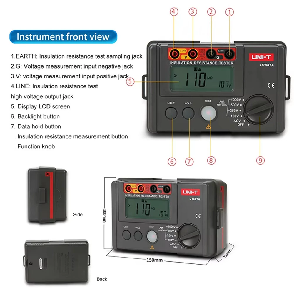 UNI-T UT501A Insulation Resistance Tester 1000V 5.5GΩ AC Voltage Measurement Professional High Voltage Electrical Testing Device — view 3