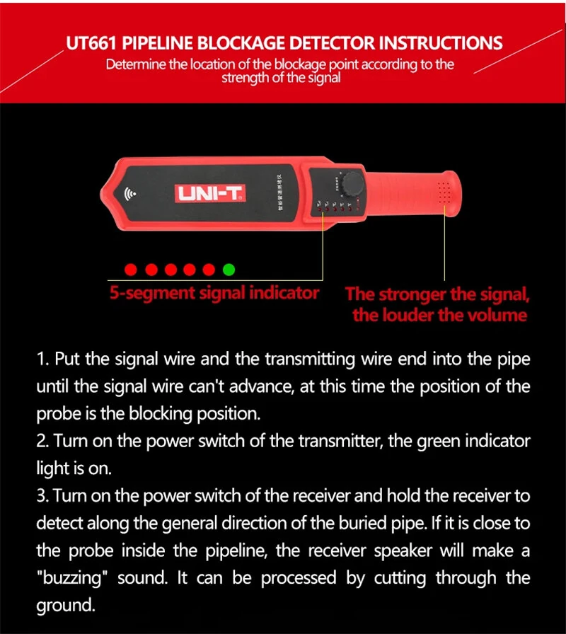 UNI-T UT661B Wall Pipeline Blockage Locator 30m Signal Length Rechargeable Lithium Battery High Precision Diagnostic Tool for Plastic and Metal Tubes — view 8