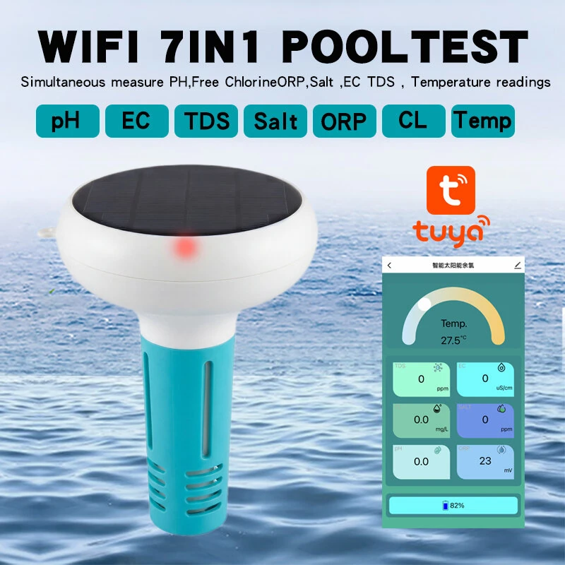 Upgrade Tuya Zigbe WiFi Pool Water Quality Tester 7-in-1 Monitoring pH Chlorine Salinity Solar USB Charging App Control — view 2
