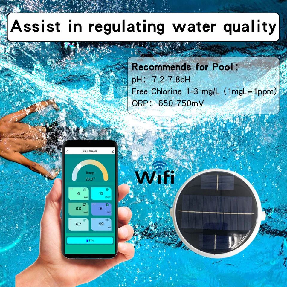 Upgrade Tuya Zigbe WiFi Pool Water Quality Tester 7-in-1 Monitoring pH Chlorine Salinity Solar USB Charging App Control — view 4