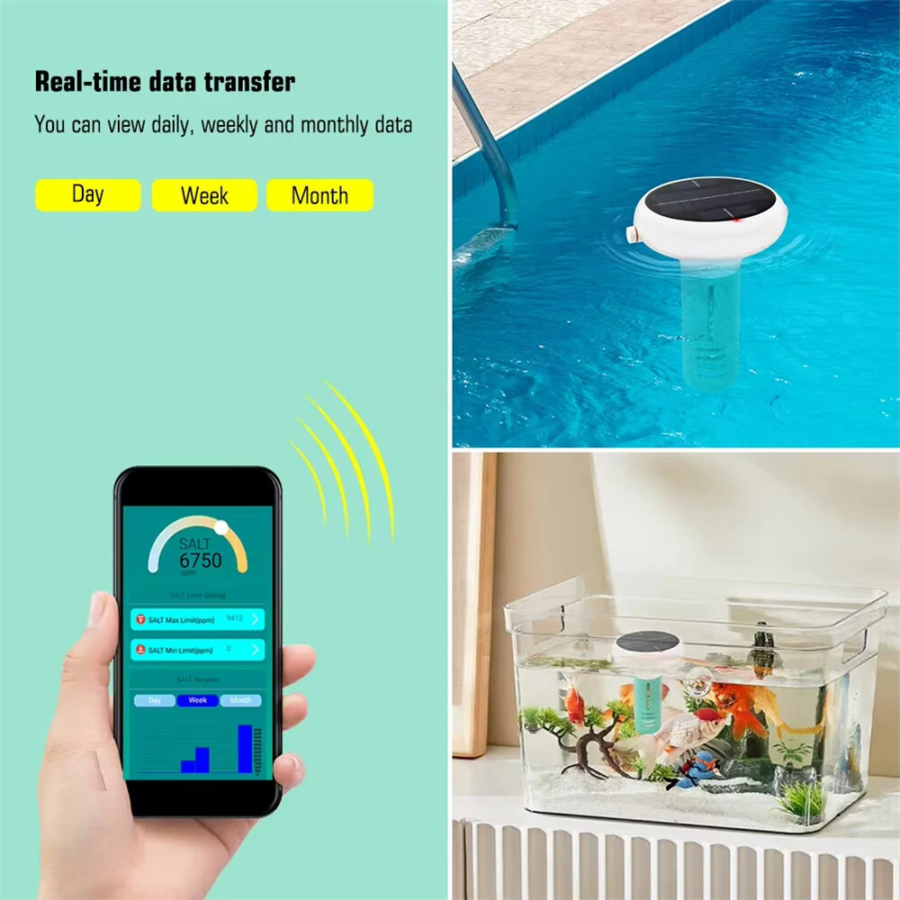 Upgrade Tuya Zigbe WiFi Pool Water Quality Tester 7-in-1 Monitoring pH Chlorine Salinity Solar USB Charging App Control — view 6