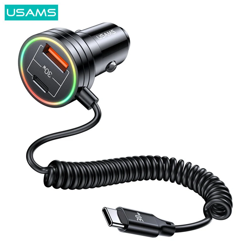 USAMS C33 60W 12-24V Car Charger USB Type C PD Fast Charge Hardware Plastic Belt with Aperture Spring Cable — view 2