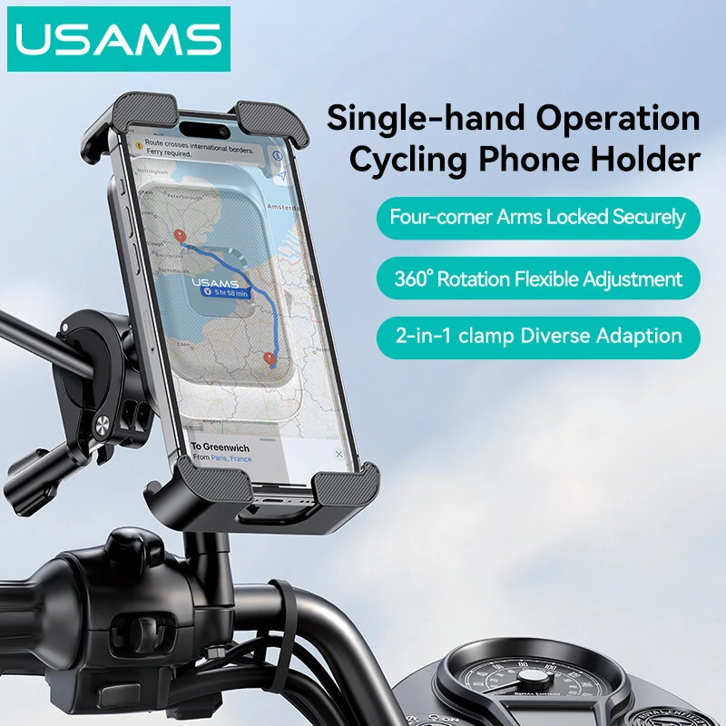 USAMS ZJ082 2-in-1 Full Coverage Cycling Phone Holder Shockproof Reinforced Clamp Stand 360° Rotation Single Hand Operation Fits for 4.7-7.2 Inch Phones Universal Bike Motorcycle Mount — view 3